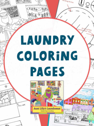 Collage of laundromat-themed coloring pages and insert photo of Aunt Lilly's Laundromat book cover with text overlay, "Laundry Coloring Pages".