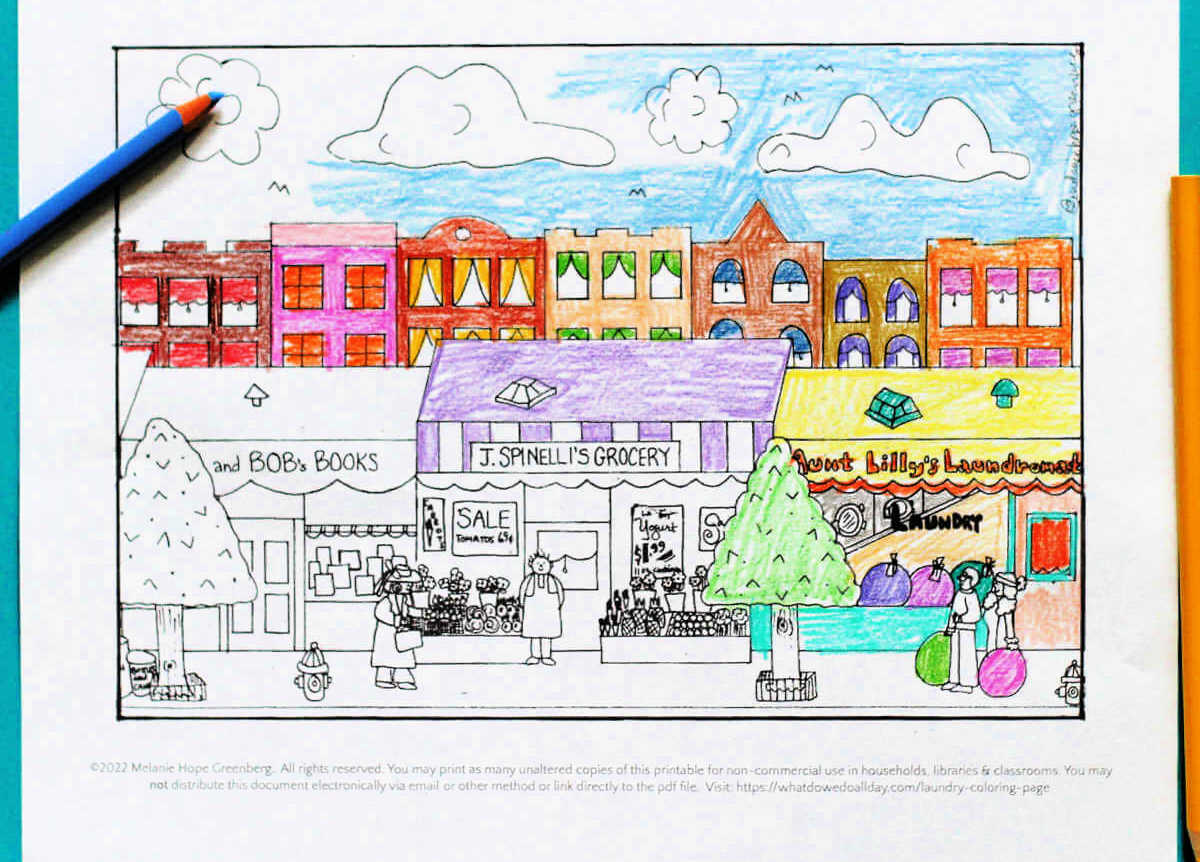 Coloring page with illustration of a neighborhood block of stores.