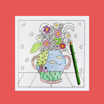 Coloring page with illustration of a vase of flowers.