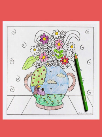 Coloring page with illustration of a vase of flowers.
