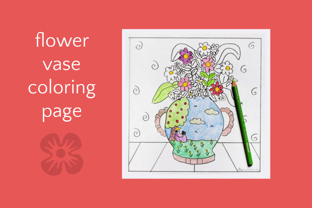 Coloring page with illustration of a vase of flowers.