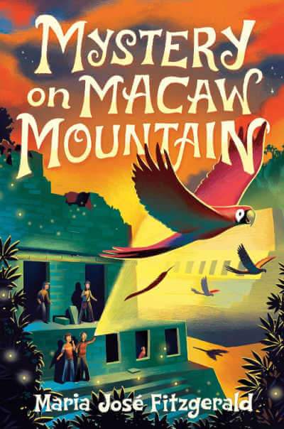 Mystery on Macaw Mountain book cover with illustration of people watching macaws fly at night.