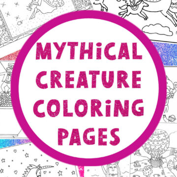 Collage of coloring pages scattered on background. Text overlay in circle reads, "mythical creature coloring pages."