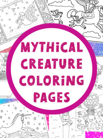 Collage of coloring pages scattered on background. Text overlay in circle reads, "mythical creature coloring pages."