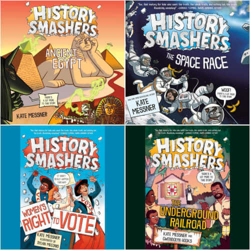 Audiobook covers for four History Smashers books.