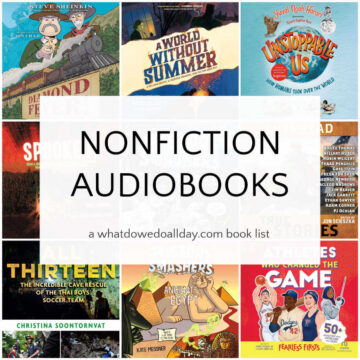 Collage of books with text box overlay, "Nonfiction Audiobooks."