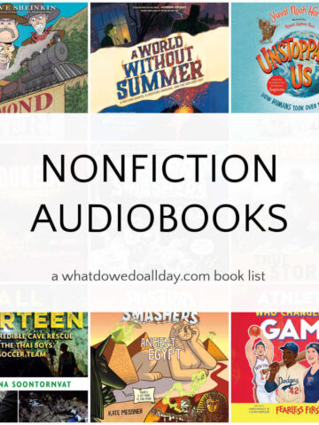 Collage of books with text box overlay, "Nonfiction Audiobooks."