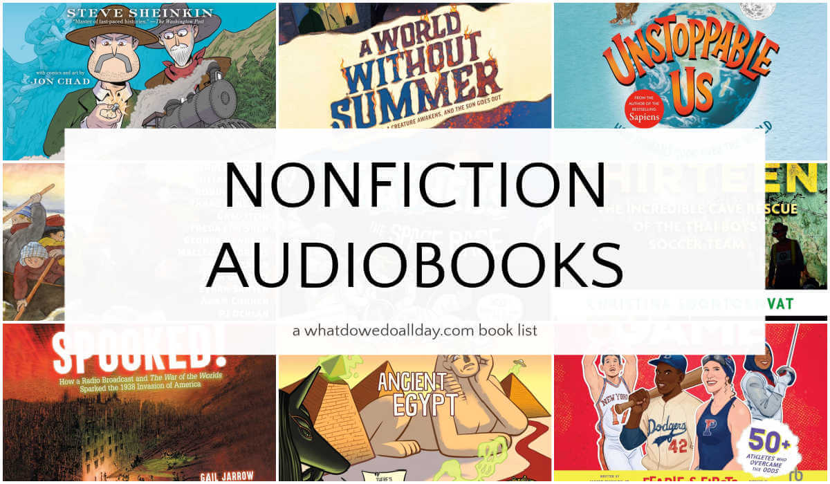 Collage of books with text box overlay, "Nonfiction Audiobooks."