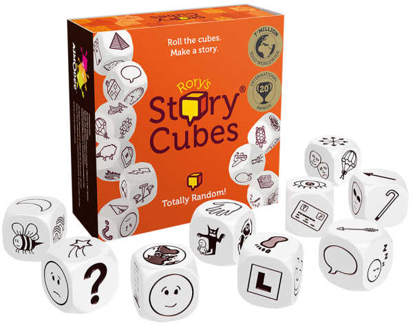 Box of Story Cubes and dice.