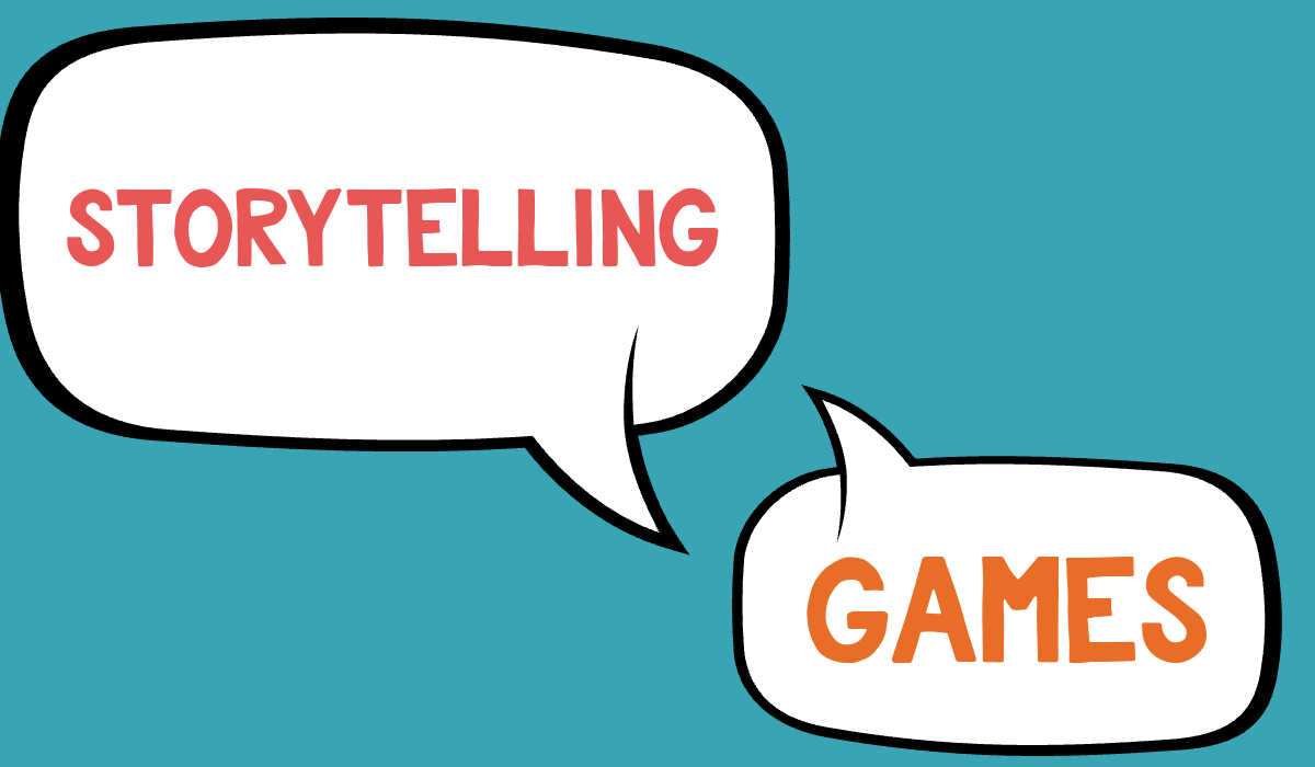 Speech bubbles that say "storytelling games"