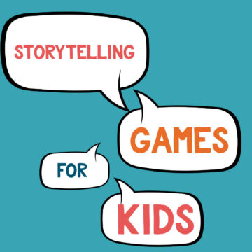 Speech bubbles that say "storytelling games for kids"