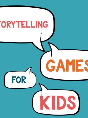 Speech bubbles that say "storytelling games for kids"