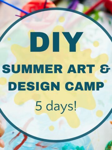 Close up of child's hands painting with text overlay, "DIY summer art and design camp 5 days!"