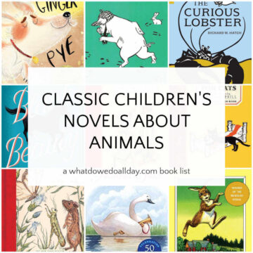 Collage of books with text box overlay, "Classic Children's Novels About Animals."