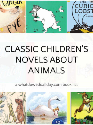 Collage of books with text box overlay, "Classic Children's Novels About Animals."