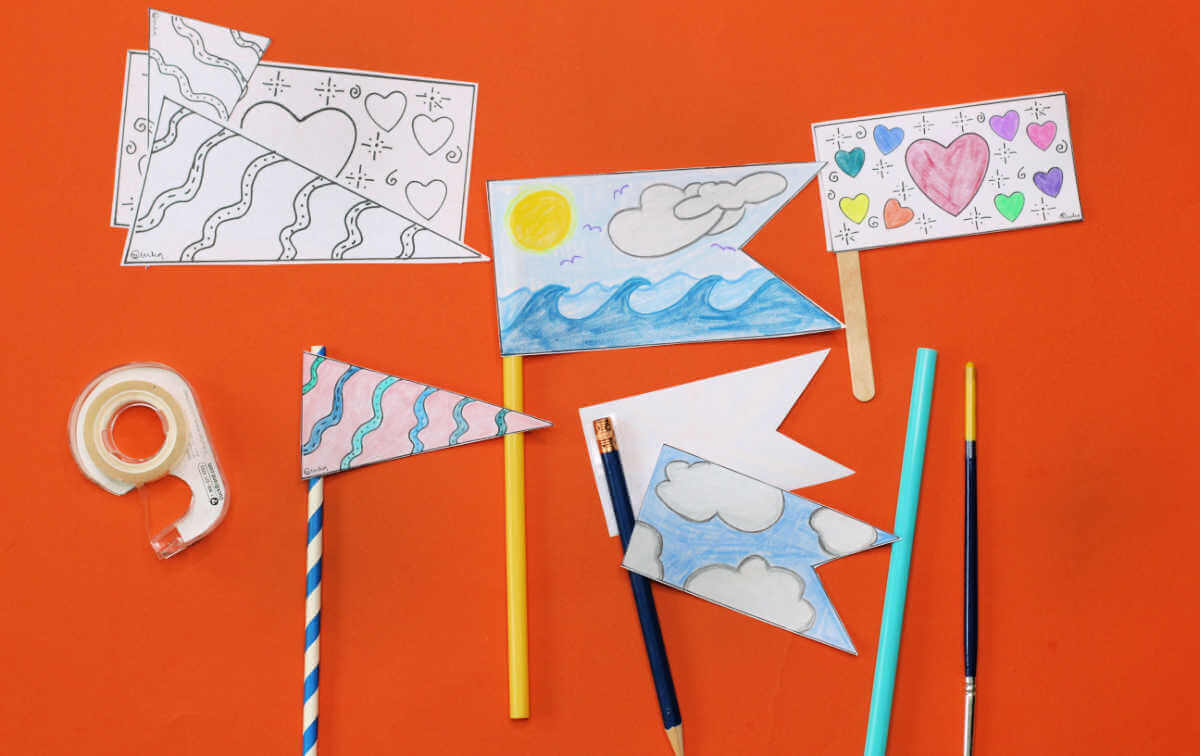 Examples of finished flag craft made from coloring page.