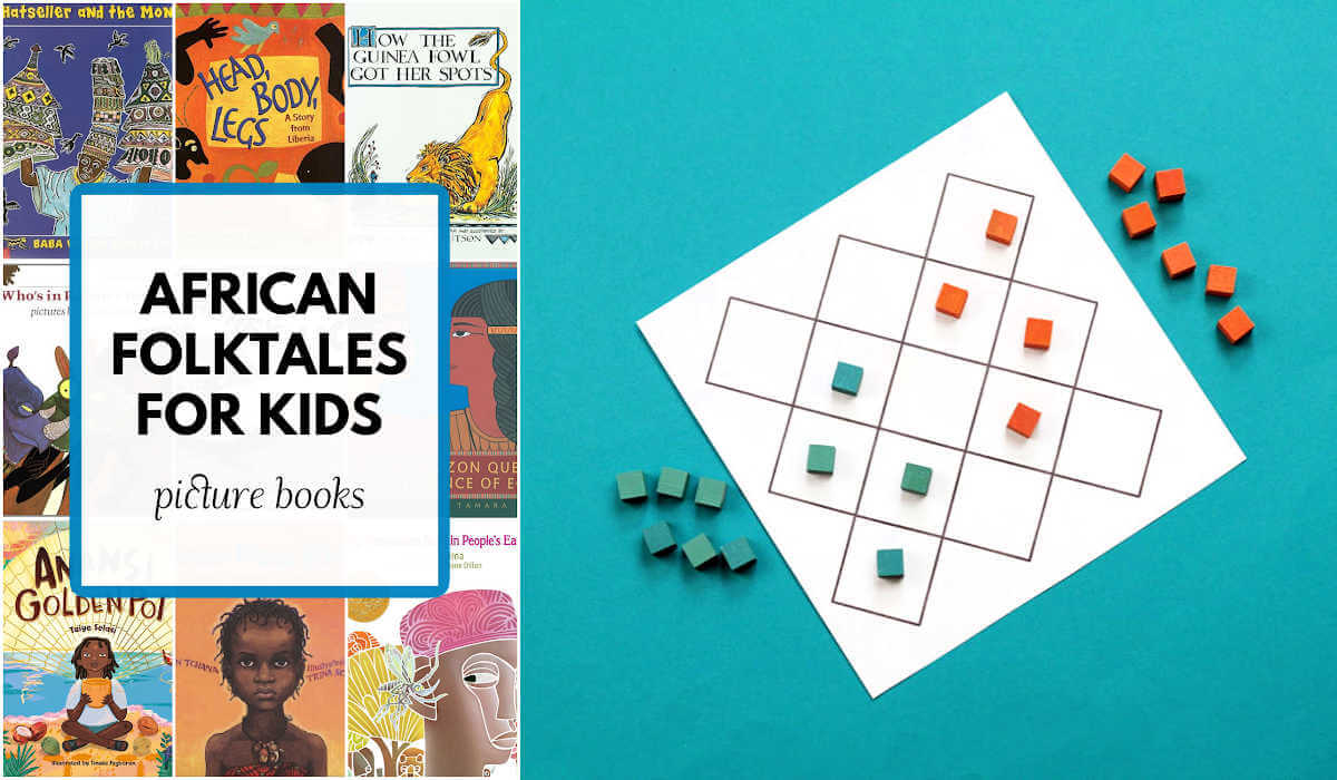 Side by side photos of a collage of African folktale picture books and a game board of paper with cubic game pieces.