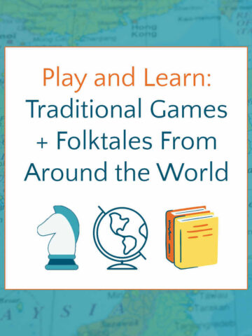 Map background with text overlay, "Play and Learn: traditional games and folktales from around the world"