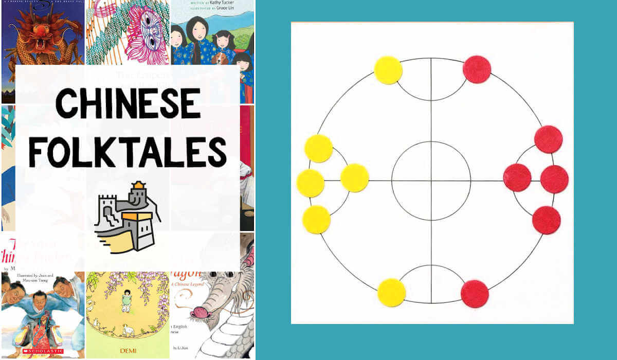 Side by side photos of a collage of Chinese folktale picture books and a game board of paper with round game pieces.