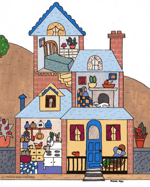 Colorful illustration of a see-inside house.