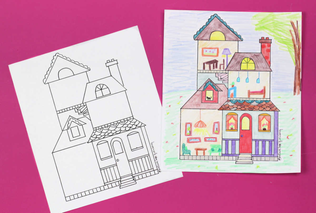 Two Dollhouse coloring pages, one colored in and one blank.