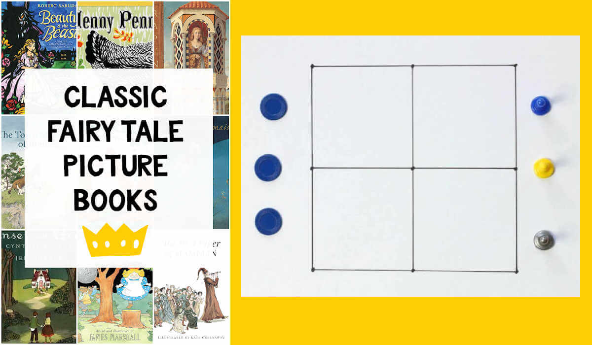 Side by side photos of a collage of fairy tale picture books and a nine holes game board of paper with six game pieces.
