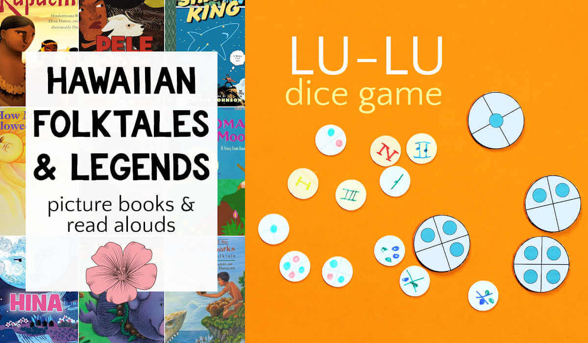 Side by side photos of a collage of Hawaiian folktale picture books and round game tokens showing various quantities.