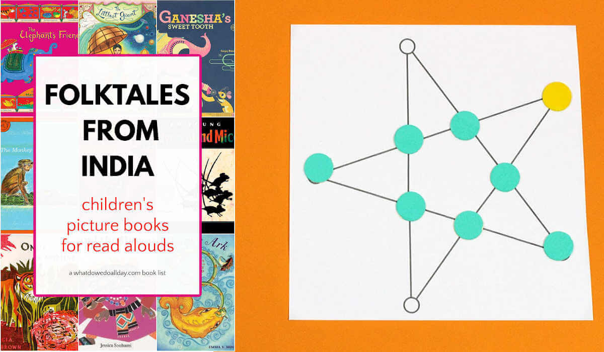 Side by side photos of a collage of India folktale picture books and a star shaped game board of paper with round game pieces.