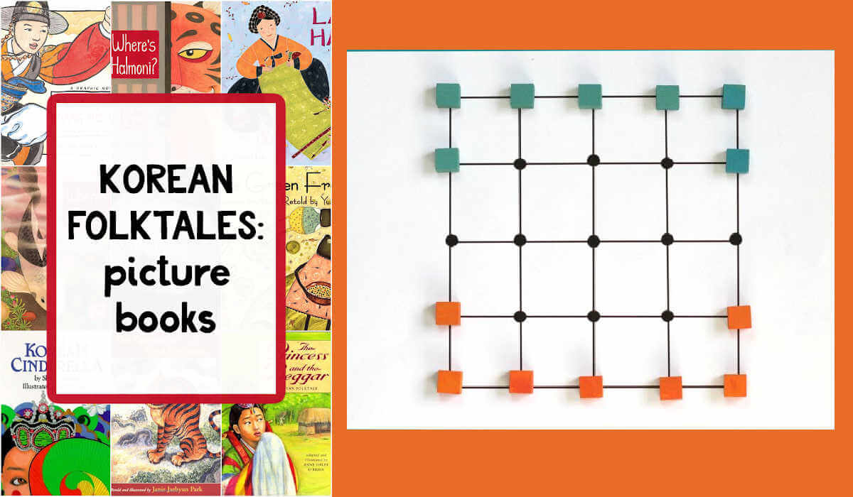 Side by side photos of a collage of Korean folktale picture books and a game board of paper with cubic game pieces.