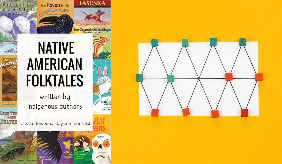 Side by side photos of a collage of Native American folktale picture books and a game board of paper with cubic game pieces.