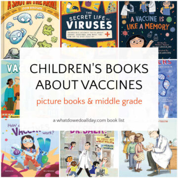 Collage of book covers with text overlay, "Children's Books About Vacciens"