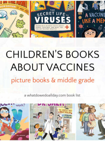 Collage of book covers with text overlay, "Children's Books About Vacciens"