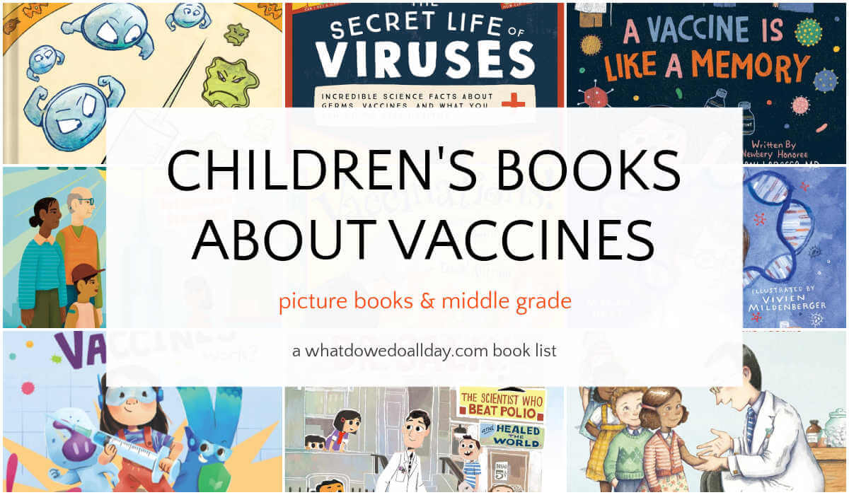 Collage of book covers with text overlay, "Children's Books About Vacciens"