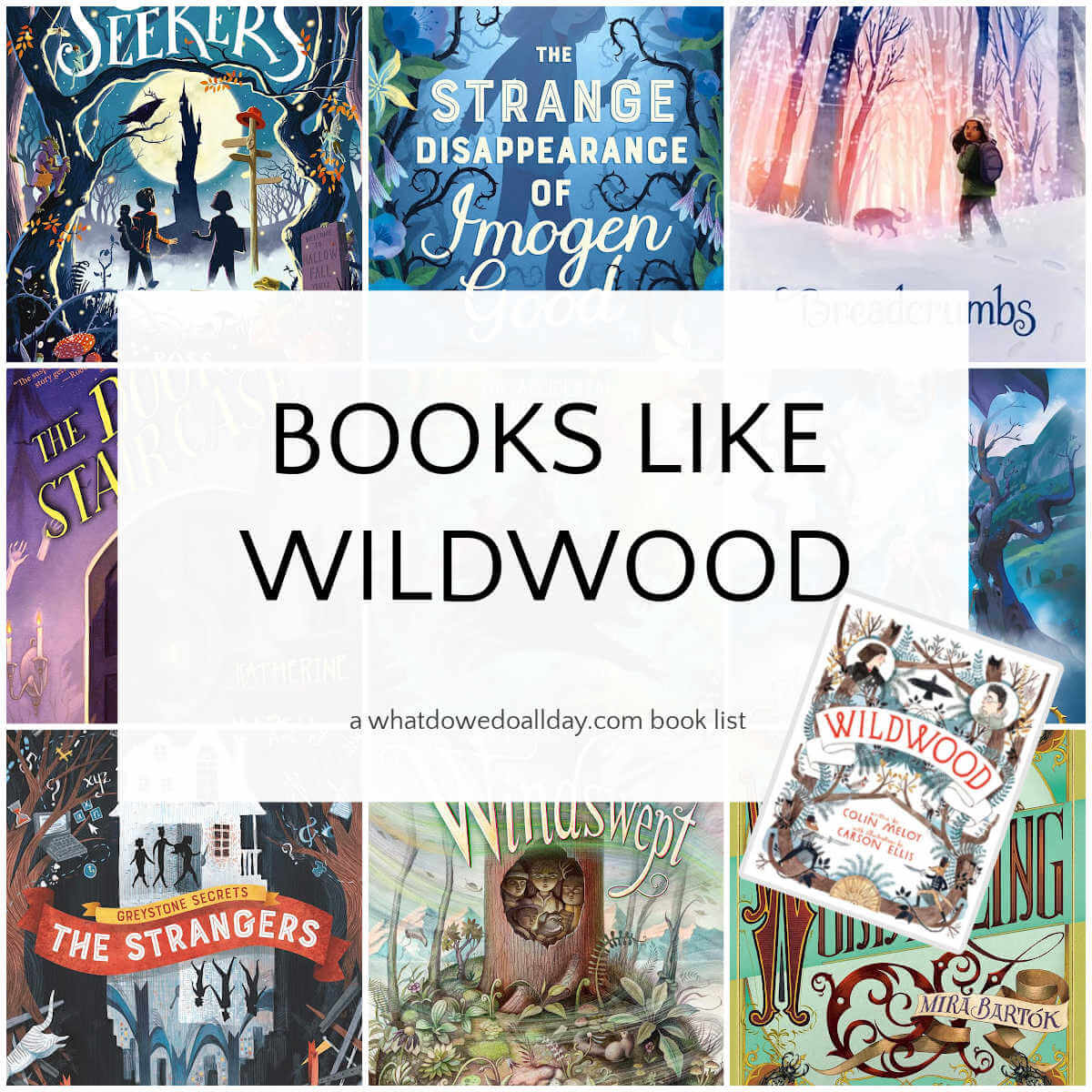 Collage of book covers with text overlay, Books like Wildwood.