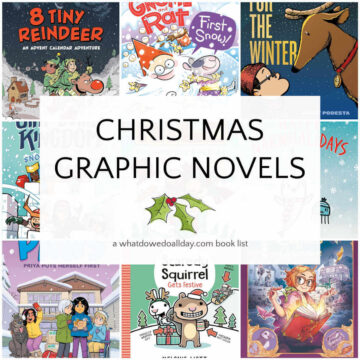 Collage of book covers with text overlay, "Christmas Graphic Novels"