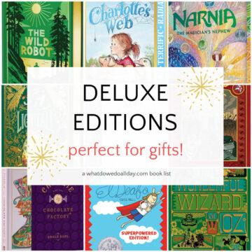 Collage of deluxe children's books with text overlay, "Deluxe editions perfect for gifts!"