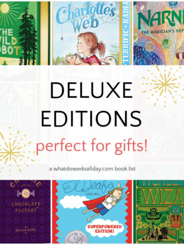 Collage of deluxe children's books with text overlay, "Deluxe editions perfect for gifts!"