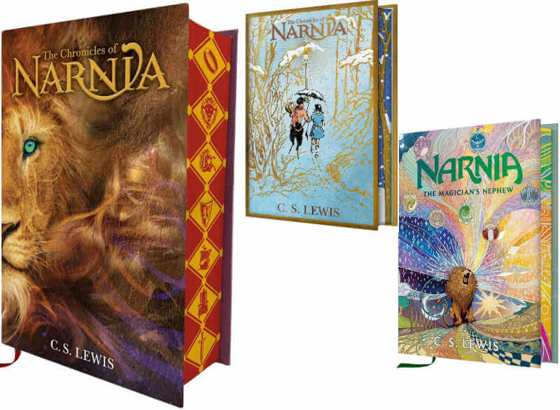 Three book cover for collector's editions of Narnia books.