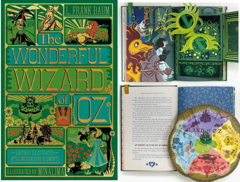 Book cover for MinaLima's edition of The Wonderful Wizard of Oz, and two examples of interior pages.