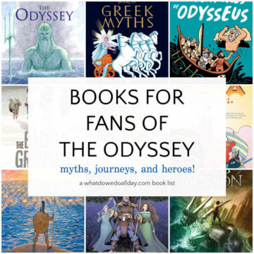 Collage of book covers with text overlay, "books for fans of The Odyssey - myths, journeys and heroes!