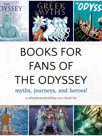 Collage of book covers with text overlay, "books for fans of The Odyssey - myths, journeys and heroes!