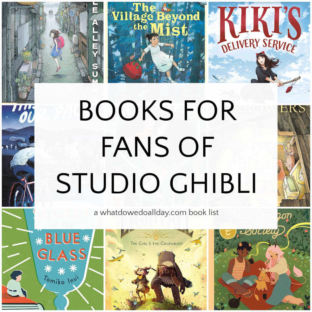 Collage of book covers with text overlay "books for fans of Studio Ghibli"