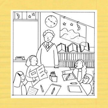 Coloring page with illustration of teacher standing in classroom with four students.