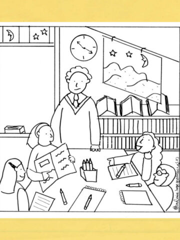 Coloring page with illustration of teacher standing in classroom with four students.