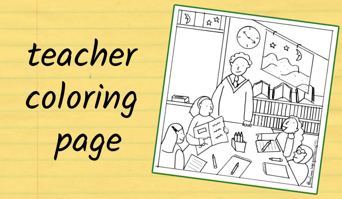Coloring page with illustration of teacher standing in classroom with four students.