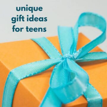 Orange gift box with blue bow and text overlay, "unique gift ideas for teens"